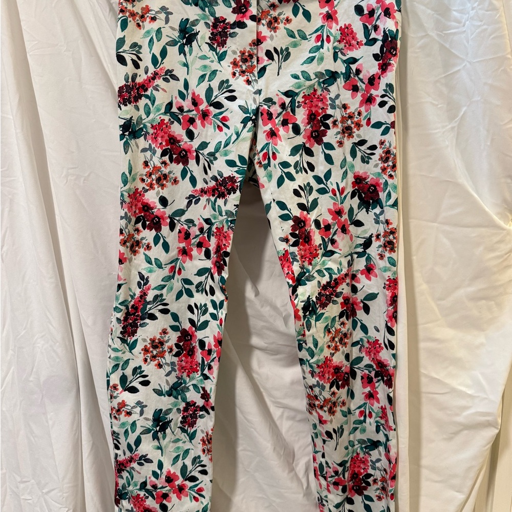 Calvin Klein White Pants with Red and Green Floral Design
